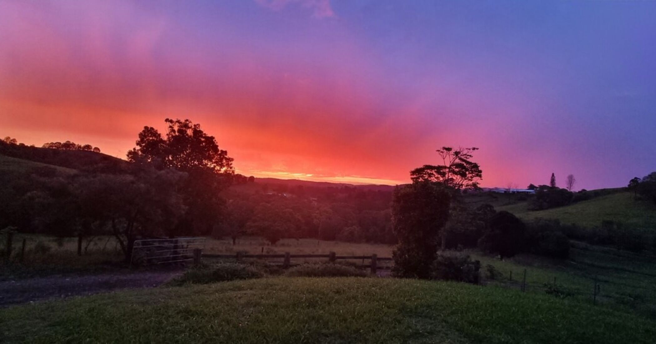 Paisaje rural con colinas onduladas, una cerca y árboles silueteados contra un cielo al atardecer.