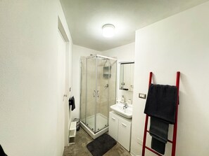 Shower, hair dryer, bidet, towels