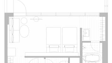 A floor plan of a hotel with a swimming pool, multiple bedrooms, a bathroom, and a dining area.