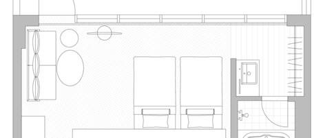 A floor plan of a hotel with a swimming pool, multiple bedrooms, a bathroom, and a dining area.