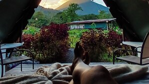 Vista desde un espacio interior con ventana, mostrando un paisaje con vegetación y una montaña.