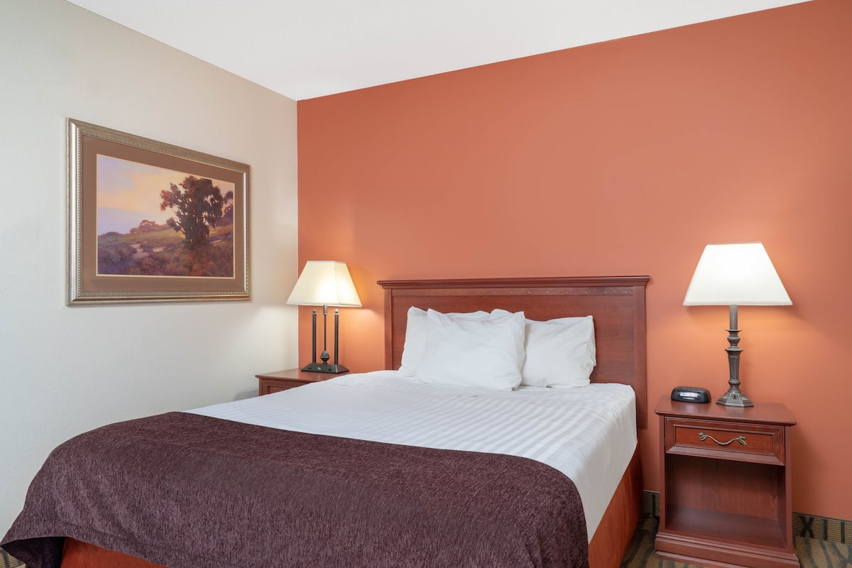 A hotel room with a large bed, two bedside tables with lamps, a framed landscape painting, and a wooden headboard.