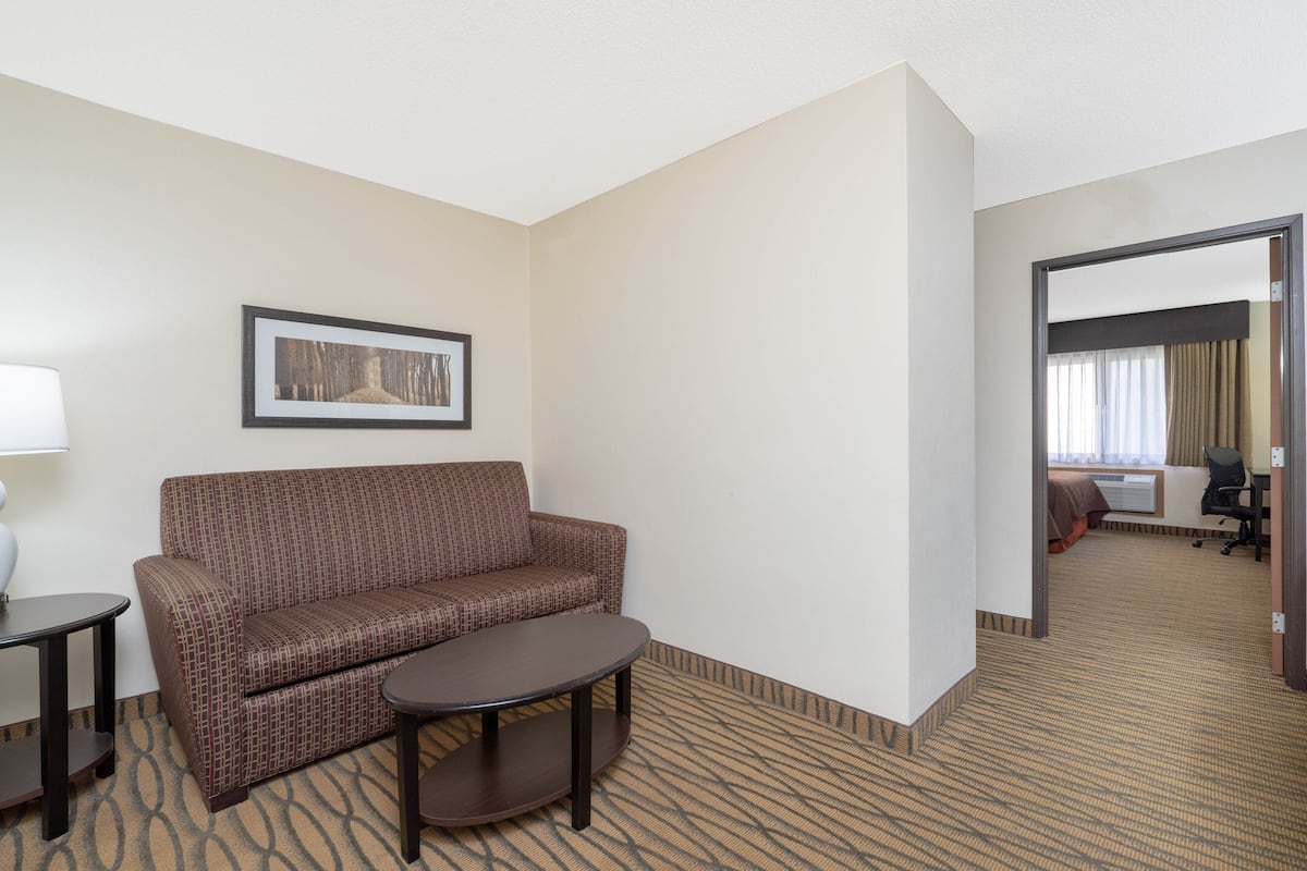 A hotel room with a brown patterned sofa, a small round table, a framed picture on the wall, and a carpeted floor.