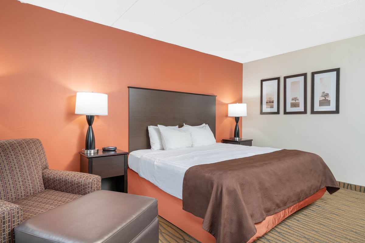 A hotel room with a bed, two bedside tables, a chair, and a sofa.
