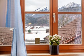 Une fenêtre donnant sur des toits enneigés et des montagnes.