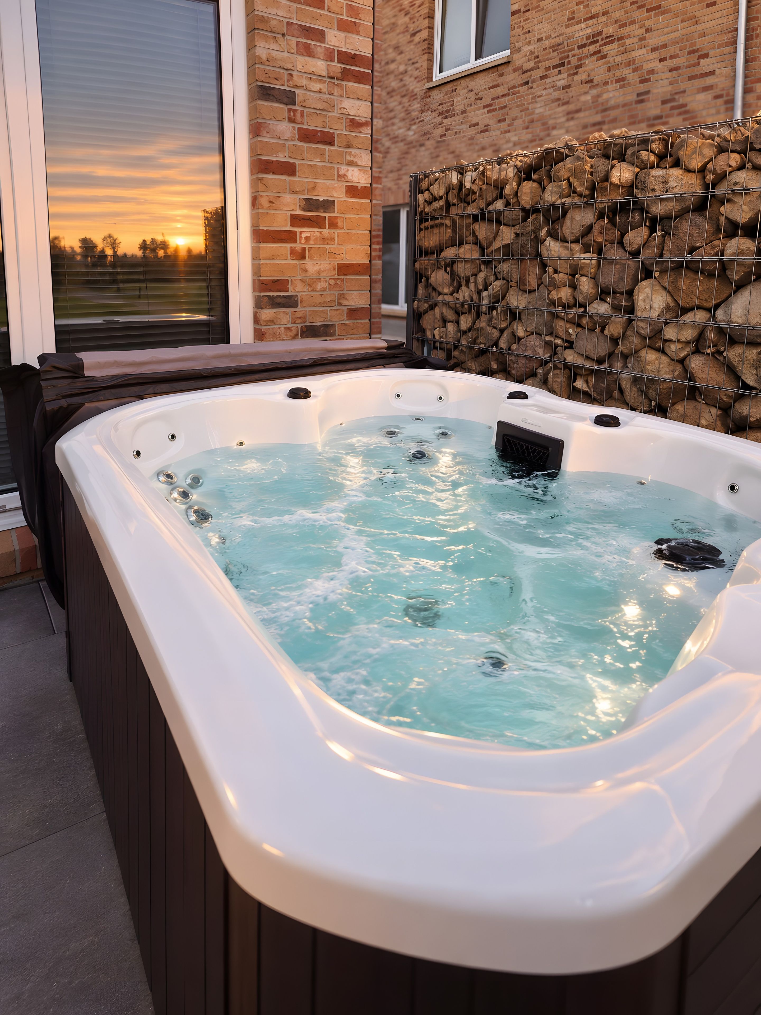 Un jacuzzi con un muro de piedra de fondo, un edificio de ladrillo y una ventana con vista al atardecer.