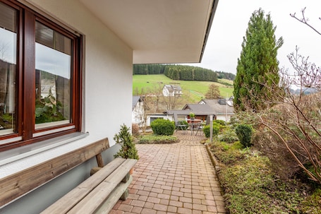 Terrace/patio. Apartment 'Ferienwohnung Rehsiepen' with Mountain View, Private Terrace and Wi-Fi