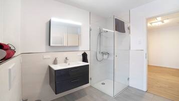 Shower, hair dryer, towels