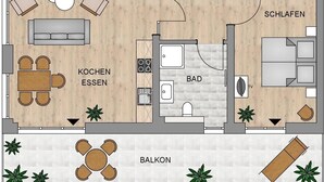 Distribución de un hotel que incluye sala de estar, cocina, comedor, baño y balcón.