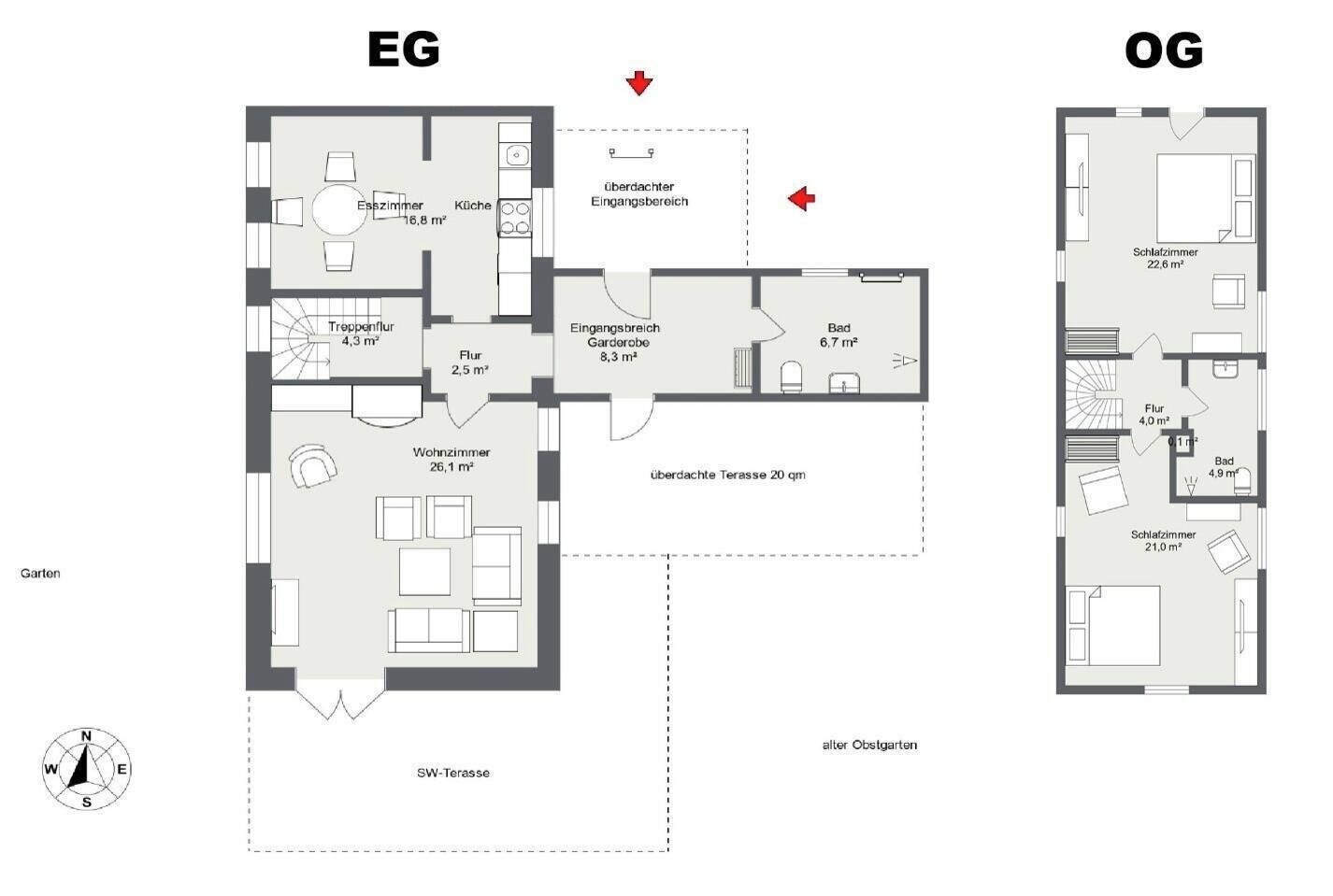 Piante dei piani di un albergo con giardino, soggiorno, cucina e bagno.