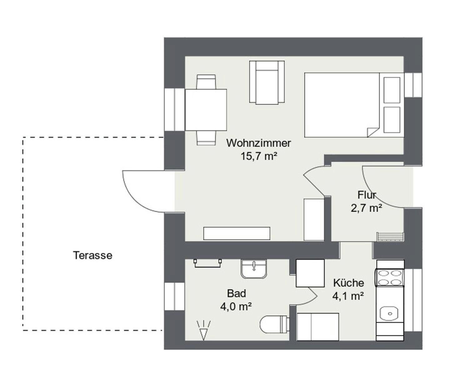 Plano de planta con sala de estar (15,7 m²), cocina (4,1 m²), baño (4,0 m²) y balcón (2,7 m²).