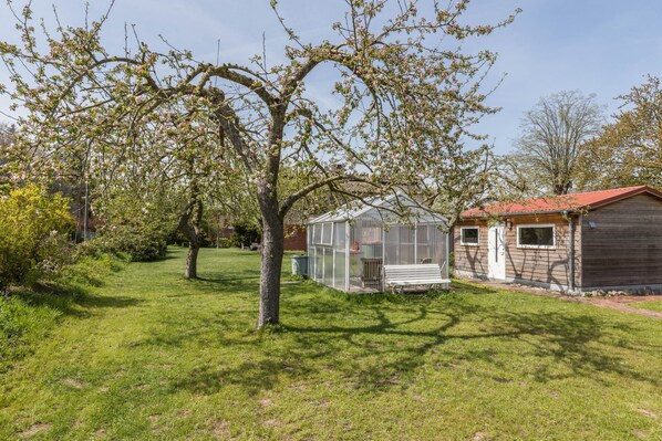 Ein Garten mit einer Holzbude, einem Gewächshaus und einem Baum in voller Blüte.