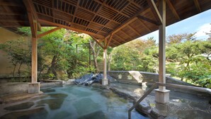 A traditional Japanese onsen with a wooden roof and stone steps leading into a clear, flowing hot spring.