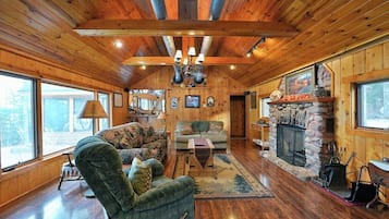 Smart TV, fireplace, books