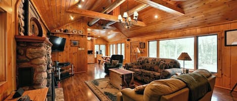 Smart TV, chimenea y libros