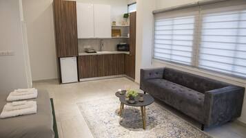 A compact living space with a kitchenette, a grey sofa, and a small coffee table with a plant.