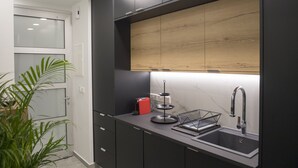 A modern kitchen with dark cabinetry, a wooden backsplash, a sink, and a plant. - STAY Urban Skin Suite (Nicosia)
