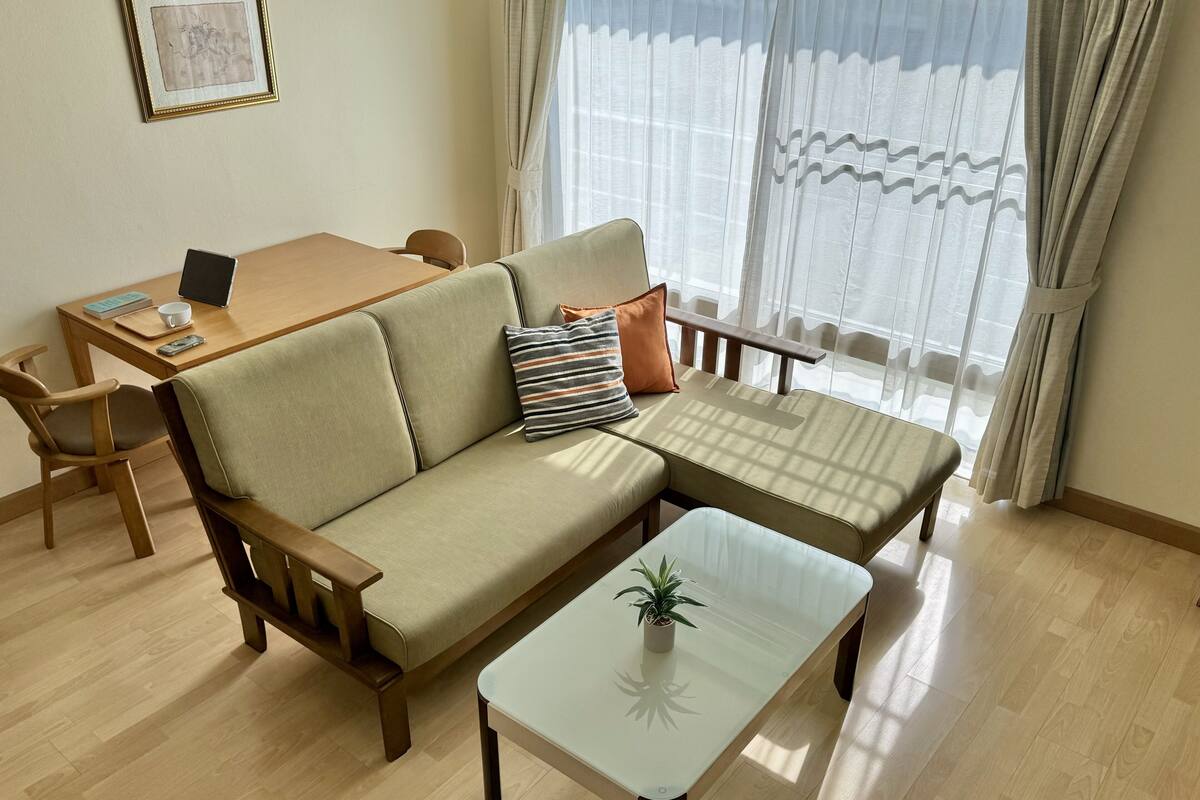 Una sala de estar moderna con un sofá, una mesa de centro y una mesa de comedor.