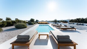 Un espace piscine aménagé sur le toit, avec des chaises longues et une vue dégagée sur le ciel.