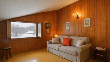 Een 21-inch flatscreentelevisie met satellietzenders