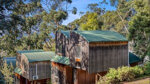 A modern wooden house with a green roof, surrounded by trees. - Boxy's Beach House: Perfect Location - Sea ViewsPeace & Quiet - Walk Anywhere (Lorne)