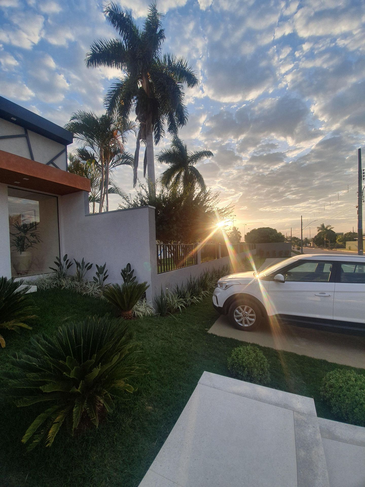 A residential area with a white car parked in the driveway, palm trees, and a clear sky.