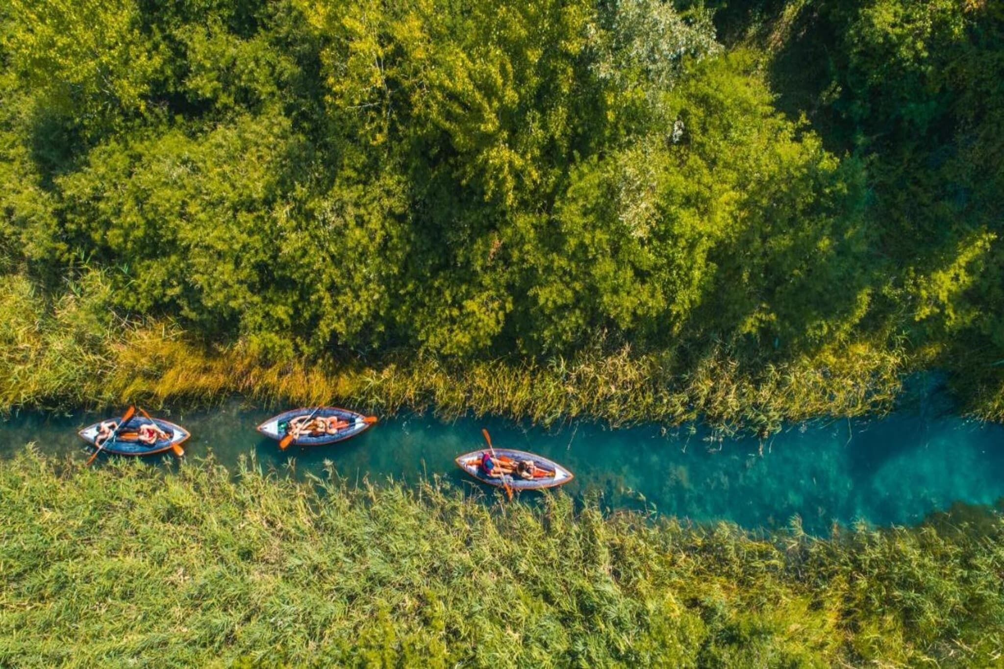 Three boats on a clear river surrounded by dense green foliage.
