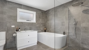 Shower, hair dryer, towels