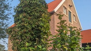 Une maison en briques avec un toit rouge, entourée d’une végétation luxuriante et de rosiers en fleurs.