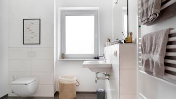 Shower, hair dryer, towels