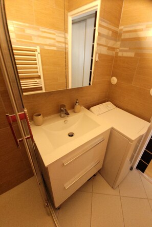 Shower, hair dryer, towels, toilet paper