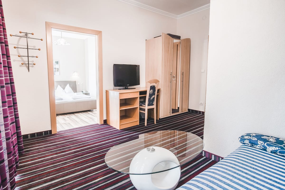 Habitación de hotel con cama, televisión, armario y baño.