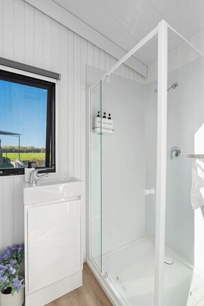 Douche, séchoir à cheveux, serviettes fournies