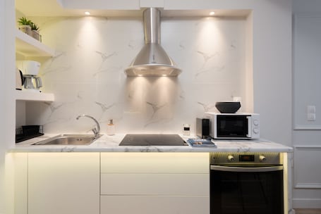 Luxury Apartment | Private kitchen | Fridge, microwave, oven, stovetop