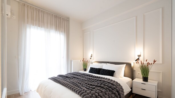 A modern bedroom with a large bed, bedside tables, and a nightstand with a plant.