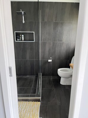 Une salle de bain moderne avec des carreaux foncés, une douche en verre, des toilettes et une petite étagère contenant des articles de toilette.