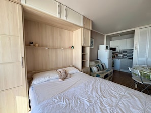 Una habitación compacta con cama, una pequeña zona de estar y kitchenette.