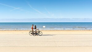 Ein Strand mit blauem Himmel und ruhiger See.