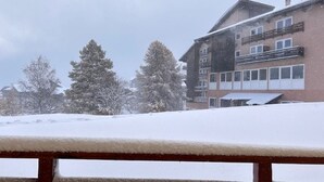 A building with multiple windows and balconies, surrounded by snow-covered trees.