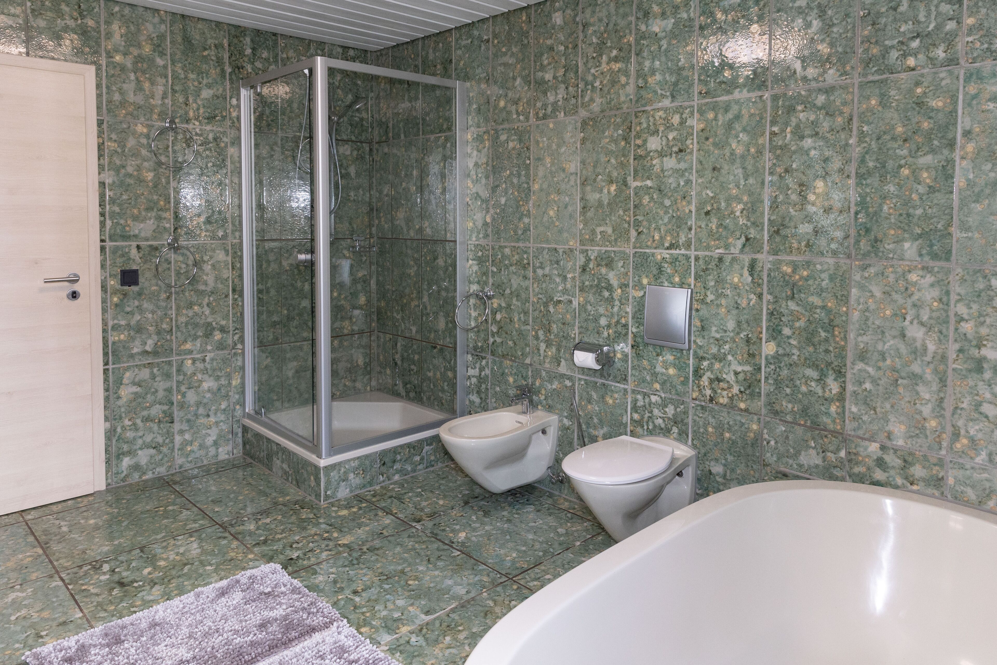 A bathroom with a shower, toilet, and bathtub.