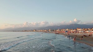 Une plage avec des vagues, des gens et des bâtiments en arrière-plan.