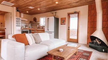 Smart TV, chimenea, libros, estéreo