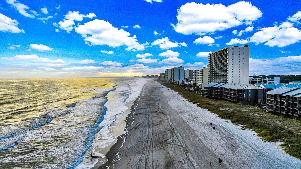 A beachfront hotel with a long sandy beach, ocean view, and high-rise buildings in the background.