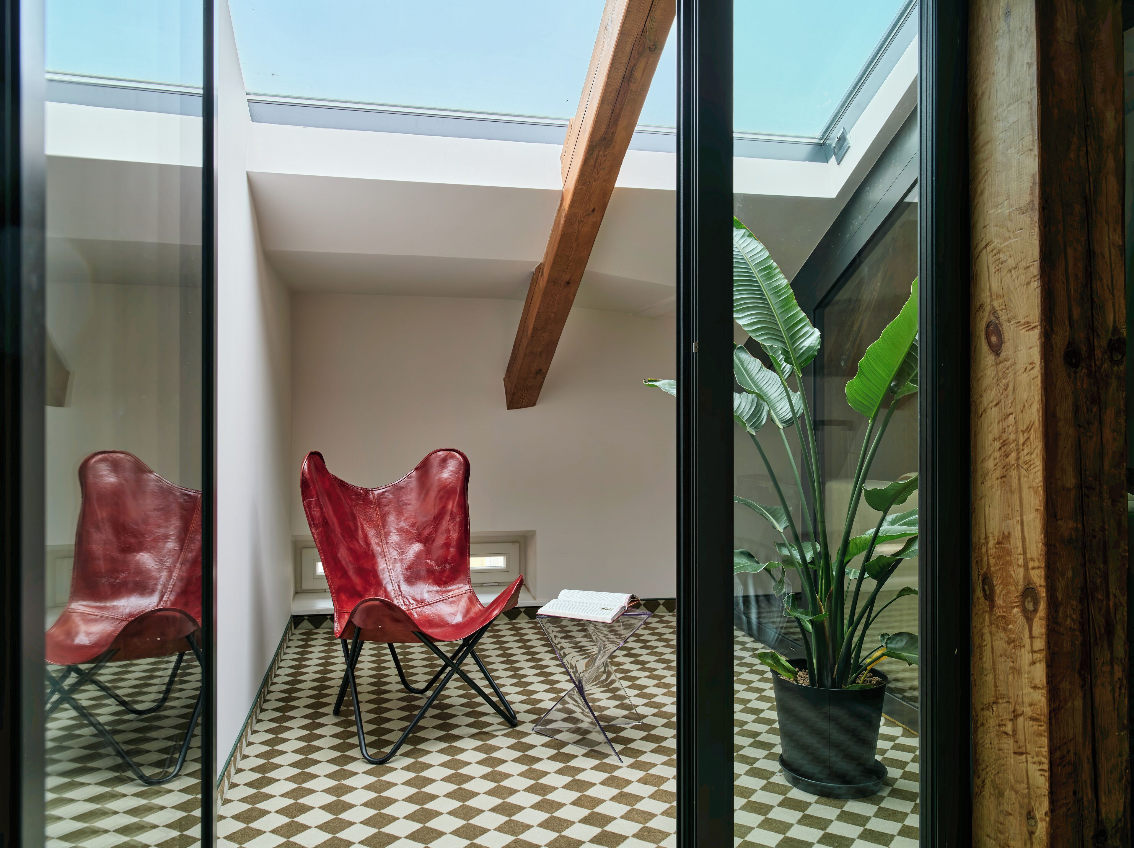 A modern room with a checkered floor, a skylight, and a potted plant.