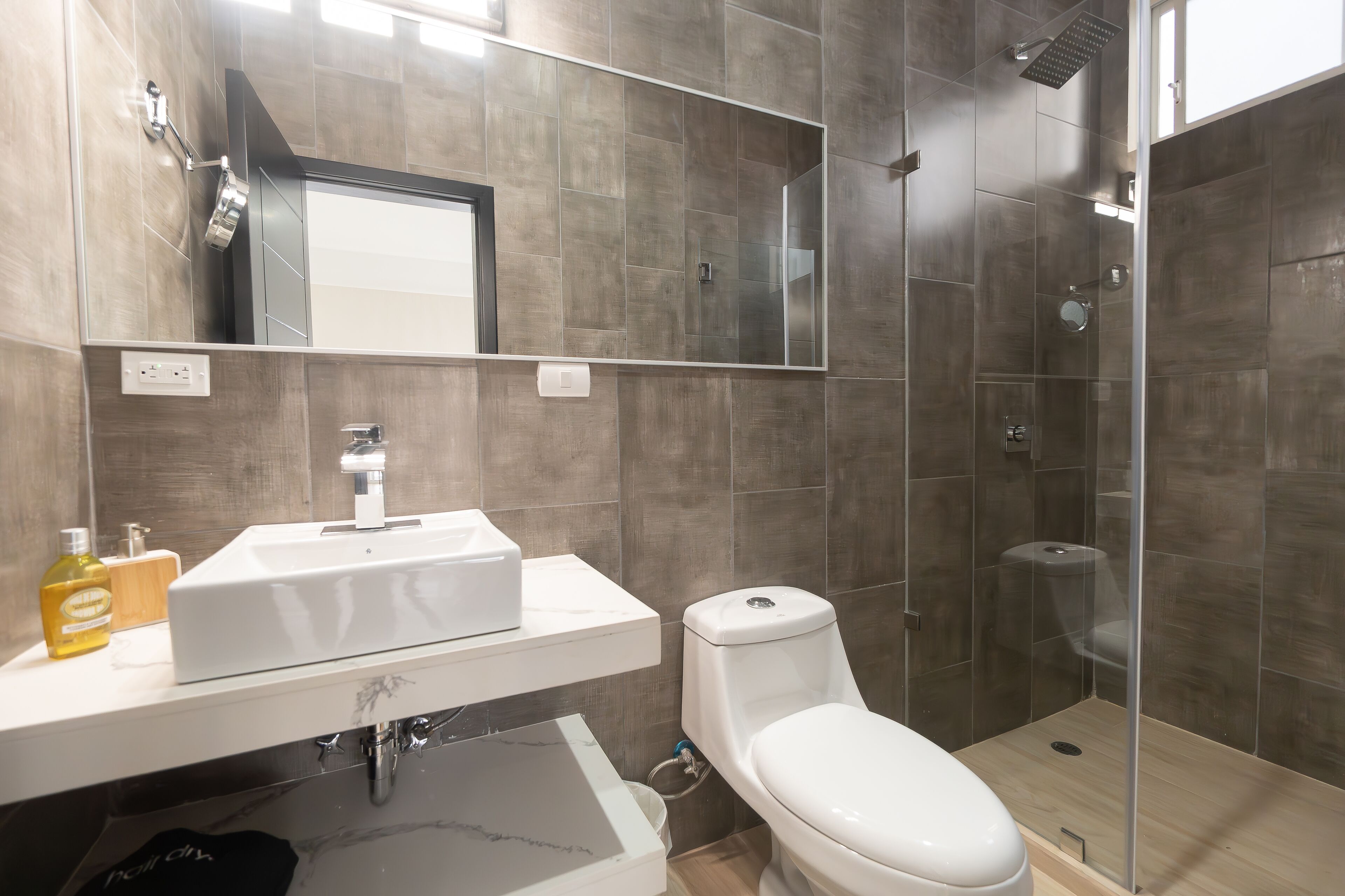 Hair dryer, towels, soap, shampoo