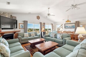 TV, fireplace - Sandpiper: Oceanfront | Hot Tub | Rooftop Deck (Salvo)
