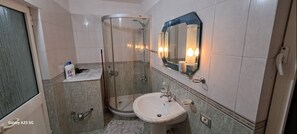Shower, hair dryer, bidet, towels