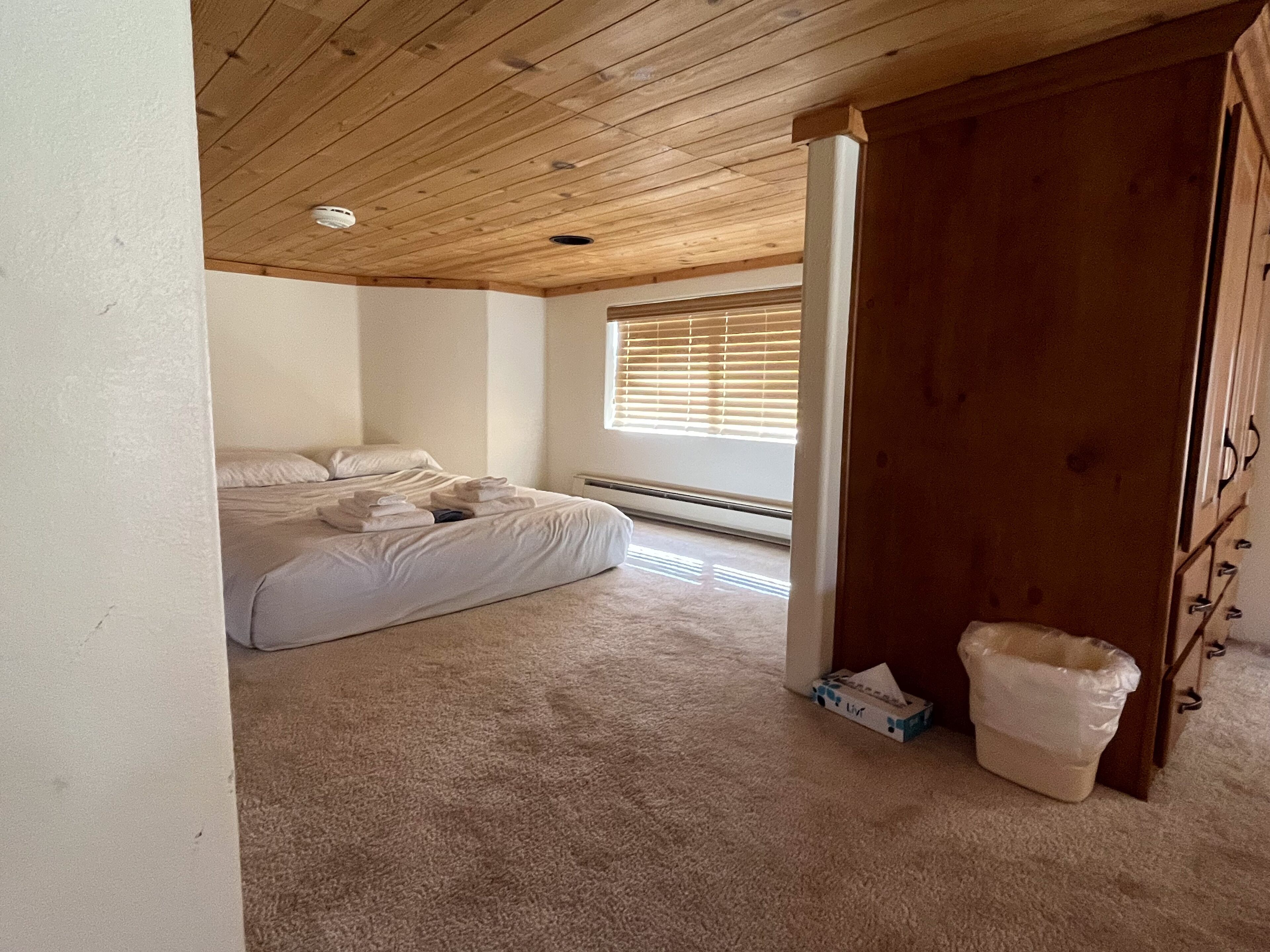 A bedroom with a bed, a window with blinds, a heater, and a door.
