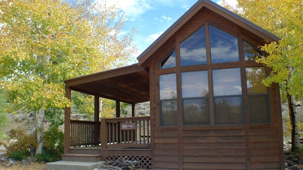 Eine Holzhütte mit überdachter Veranda und großen Fenstern, umgeben von Herbstbäumen.