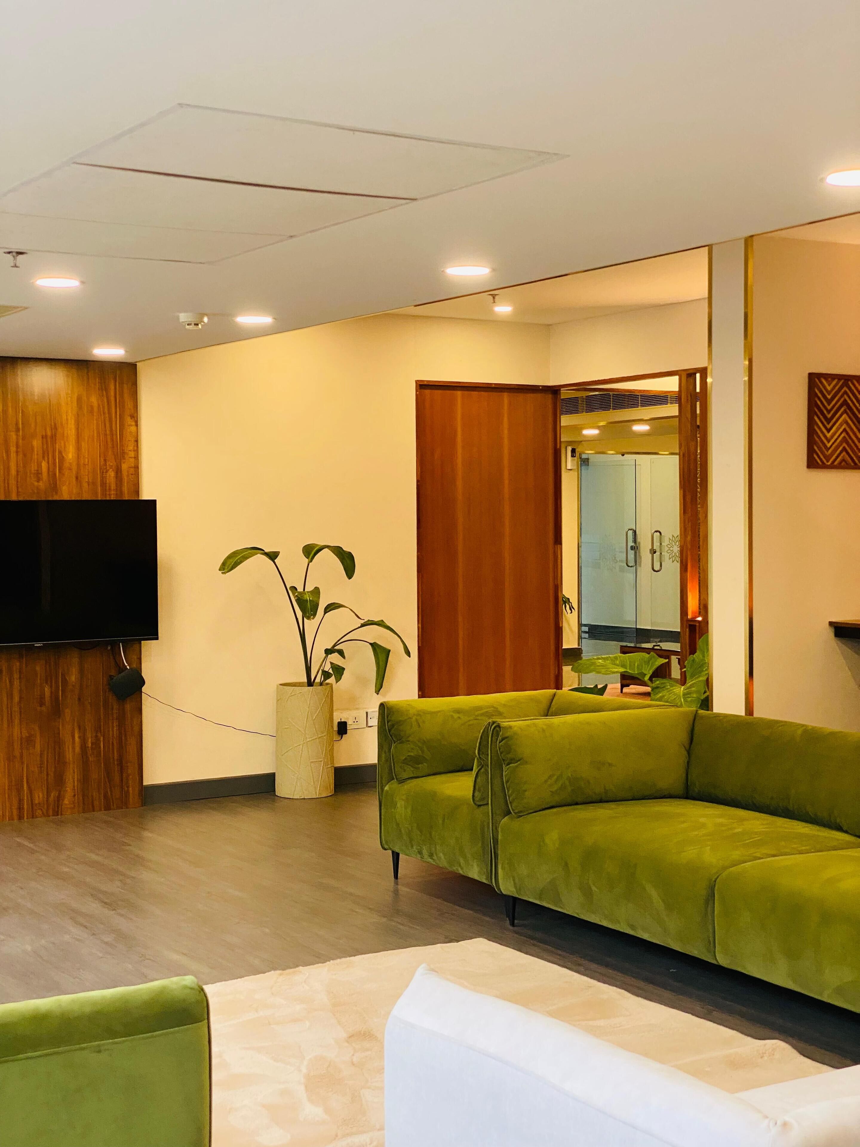 Un área de espera moderna con un sofá verde, un televisor de pantalla plana montado en un panel de madera y una planta en maceta.